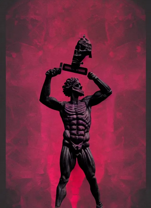 Prompt: black background with red and purple design elements, statue of hercules, ( ( ( skeleton ) ) ), grey, thin lines, dark,, glitch art, neo vaporwave, gritty, movie poster, layout design, trending on artstation