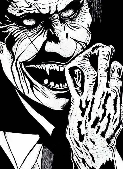 Prompt: willem dafoe as the joker, by steampoweredmikej, by tim bradstreet, inktober, ink drawing, black and white, coloring pages, manga, highly detailed