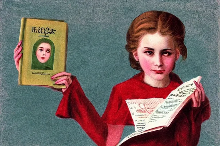 Prompt: the portrait of a russian young girl holding the communist manifesto in her hand, vintage russian poster style - h 1 0 2 4