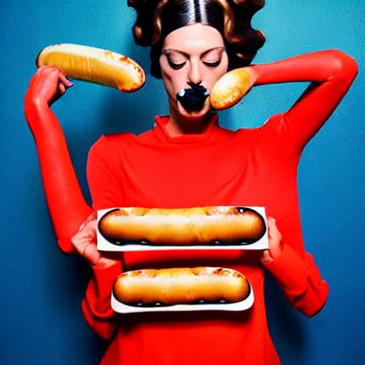 Image similar to a fashion model curls her hair using hot dogs. surreal photograph, toiletpaper magazine, 3 5 mm photograph, colourful, by pierpaolo ferrari, maurizio cattelan