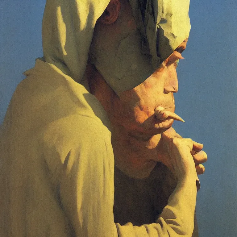 Image similar to man with a paper bag over the head and a sward Edward Hopper and James Gilleard, Zdzislaw Beksinski highly detailed