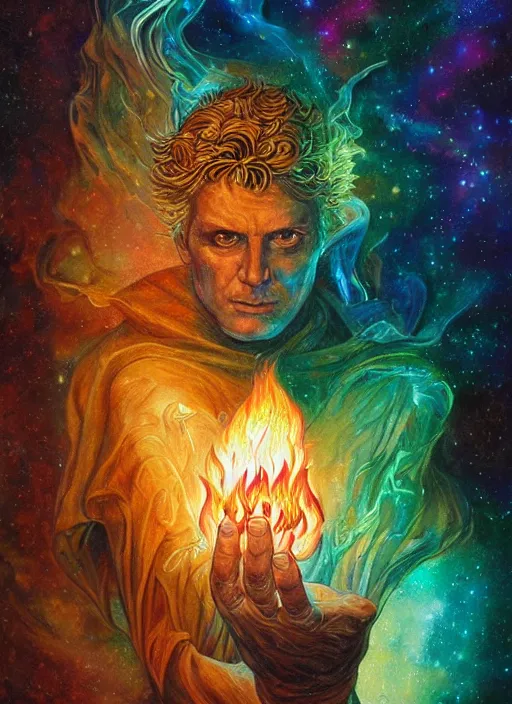 Image similar to high intricate colored ink drawing of the sandman holding a glimmering fire - galaxy, full shot, neil gaiman, maria panfilova, andrea savchenko, mike kime, ludovic plouffe, qi sheng luo, oliver cook, julian calle, eddie mendoza, trending on artstation