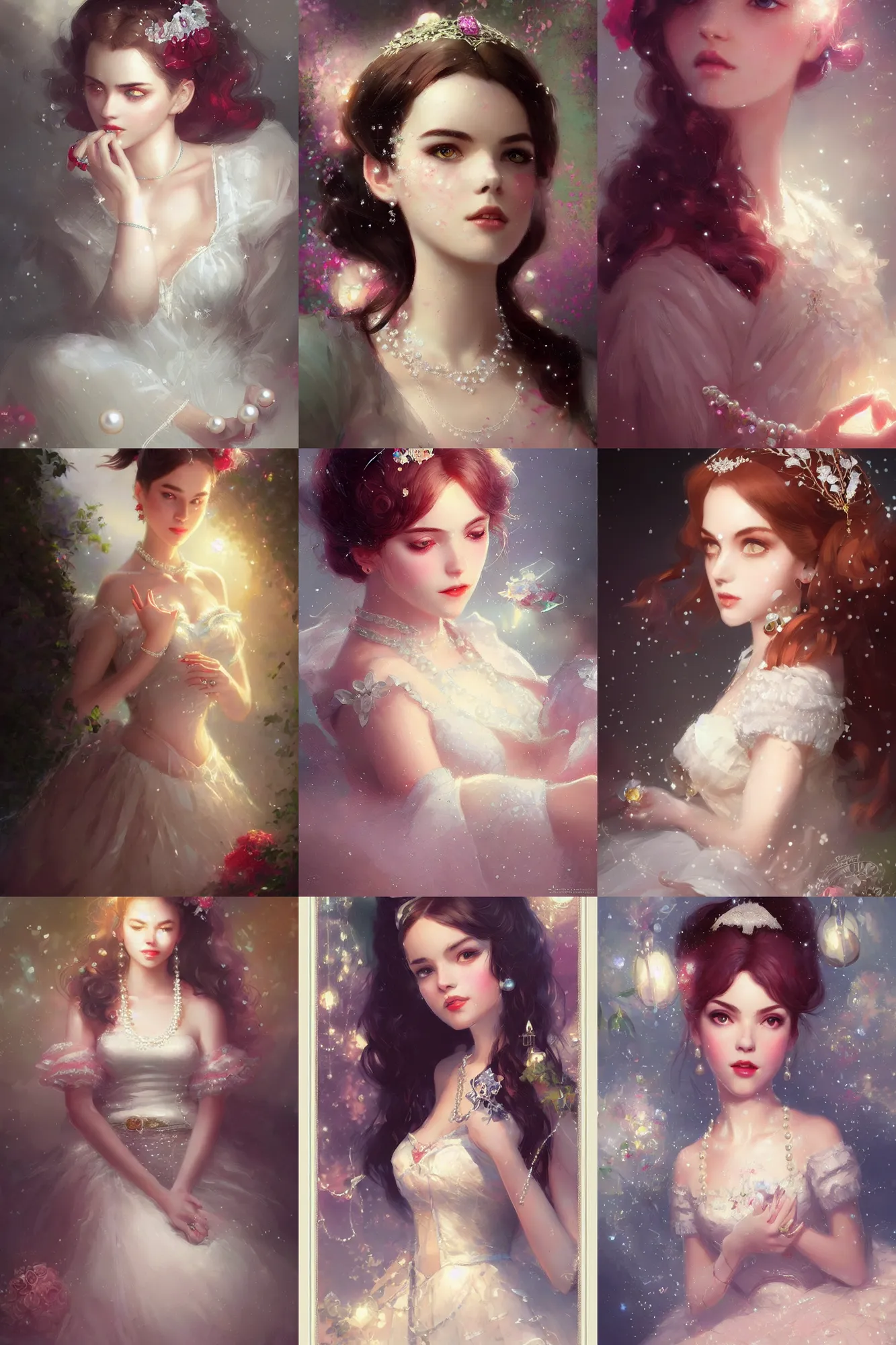 Prompt: a beautiful picture of lolita with pearls, gem, diamonds, embroidery design ， by greg rutkowski and thomas kinkade, trending on artstation