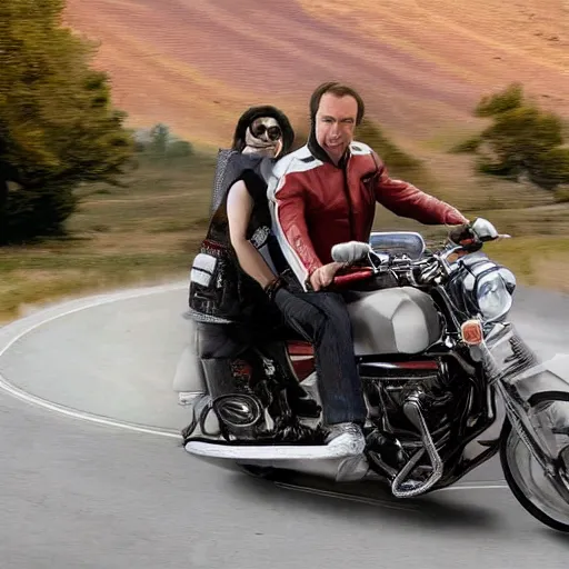 Image similar to A photo of Saul Goodman riding a motorcycle, highly detailed, 4k