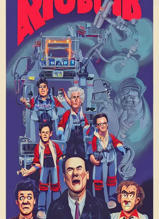 Prompt: a poster of the real ghostbusters ( 1 9 8 6 ) and david lynch, poster art by john carpenter, featured on deviantart, toyism, movie poster, concert poster, poster art, highly detailed