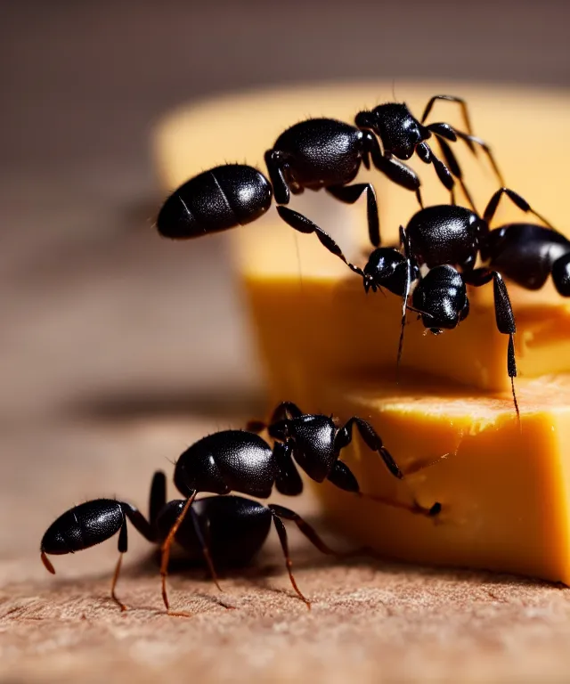 Image similar to high quality presentation photo of cute anthropomorphic black ants eating cheese, photography 4k f1.8 anamorphic bokeh 4k Canon Nikon