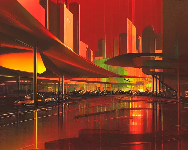 Image similar to futuristic city at night with rain, in the style of syd mead,