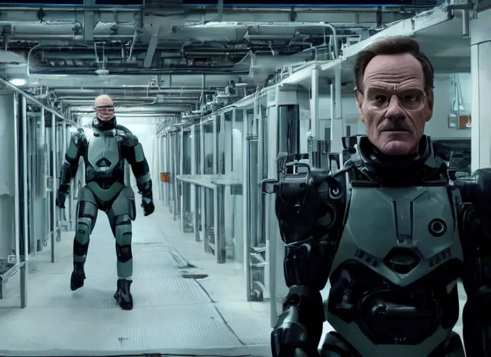 Image similar to film still of Brian Cranston as Gordan Freeman in an underground lab facility wearing a black HEV suit in the Half Life Movie, 4k