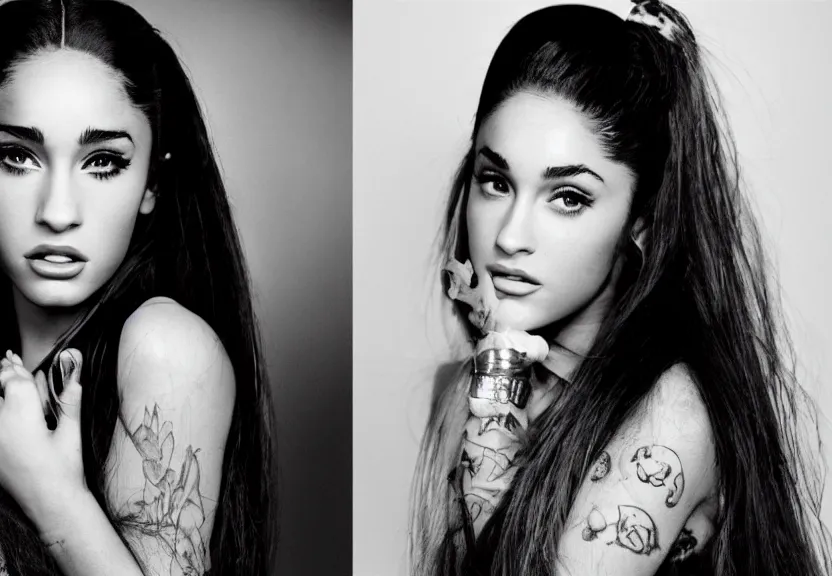 Prompt: award winning photo of Ariana Grande with Megan Fox, symmetrical face by Sally Mann & Arnold Newman