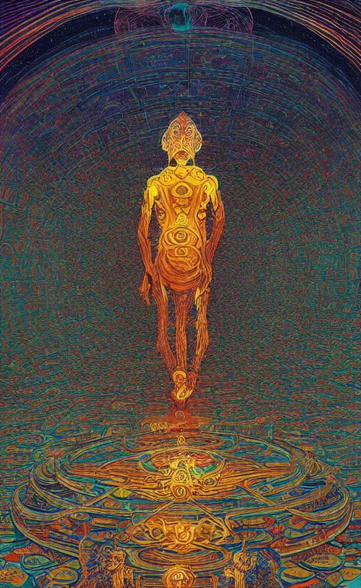 Prompt: astral monk at the temple of gon within the 5 th dimension, cosmic, symmetrical, golden ratio, dmt, psychedelic, detailed, by victo ngai, by gustave dore