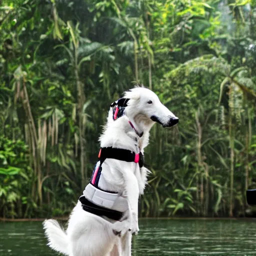 Image similar to photo of borzoi dog wearing diving gear swimming in the amazon rainforest, 4k award-winning animal photography