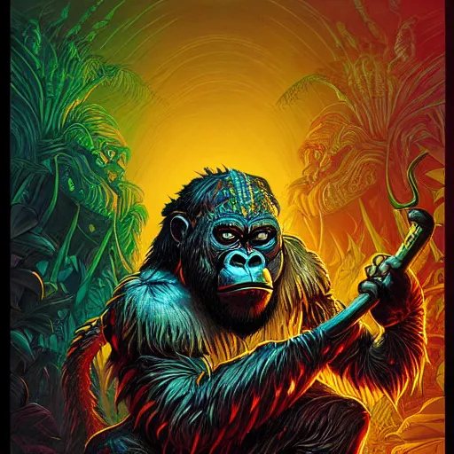 Image similar to barong family member, wiwek, mara demon, one single tribe member, jungle, one single mask, dark, ancient warrior, gorilla, lizard, tribal, inner glow, art by dan mumford and justin gerard