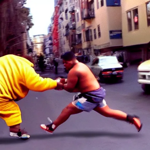 Image similar to mike tyson chasing an obese man through a street, hyper realistic, very realistic.