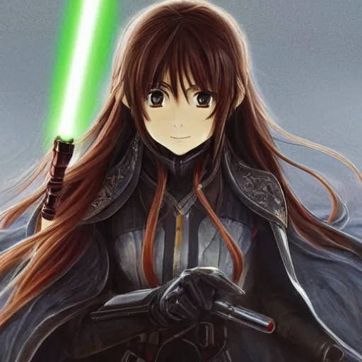 Image similar to Masterpiece head and shoulders portrait of a female Kazuto Kirigaya Kirito from SAO a young woman with brown long hair and bangs and wearing a long black coat breast-armor showing through, with light-saber, face, fantasy, intricate, elegant, highly detailed drawn by Donato Giancola and Fernanda Suarez and Artem Demura, face by Artgerm and Edmund Leighton, Alphonse Mucha, background by James Jean and Gustav Klimt, 4k, porcelain skin, komorebi, french nouveau, trending on pixiv, octane render, hyperrealistic