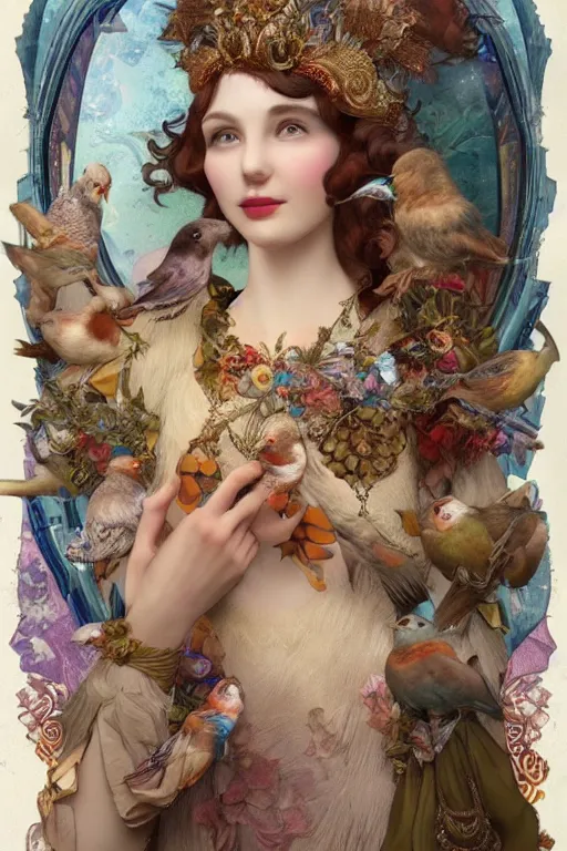 Image similar to 3 d render of english princess holding birds, ornaments, mucha vibe, dieselpunk, solarpunk, artstation