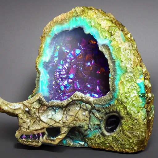 Prompt: a dinosaur skeleton on a iridescent crystal cracked geode