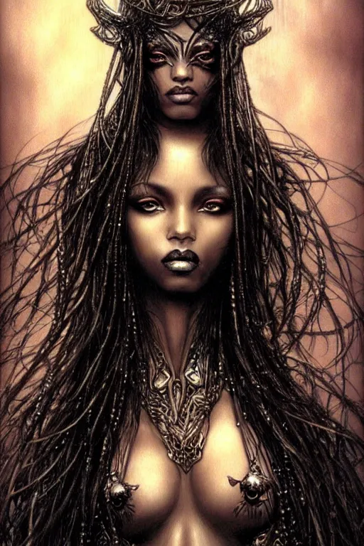 Image similar to a beautiful black goddess, fantasy, portrait, sharp focus, intricate, elegant, illustration, ambient lighting, art by Luis Royo