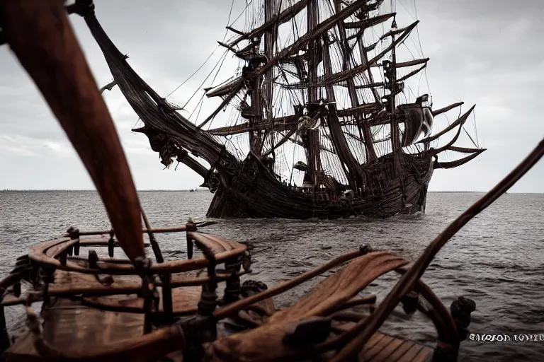 Prompt: product shot kraken rum on an old pirate ship, giant tentacle by emmanuel lubezki