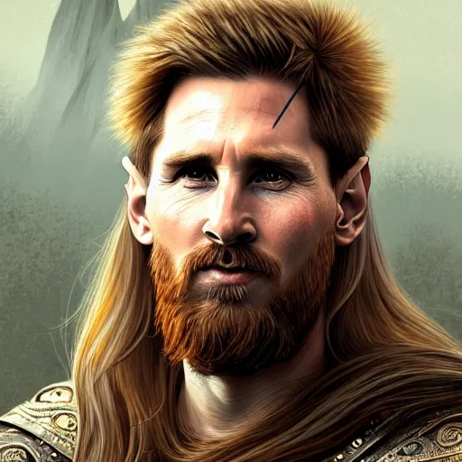 Prompt: Messi as a viking, closeup, D&D, fantasy, intricate, elegant, highly detailed, digital painting, artstation, concept art, matte, sharp focus, illustration, art by Artgerm and Greg Rutkowski and Alphonse Mucha