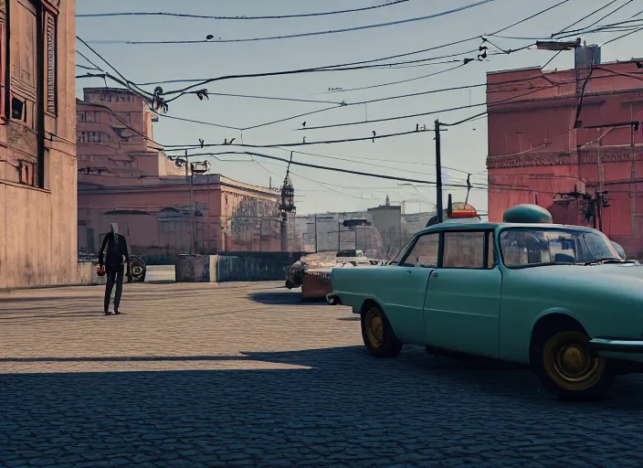 Image similar to hyperrealistic matte painting of gta game in moscow, 1 9 6 0, playstation 5 screenshot, man in adidas, mega details, golden hour, beautiful rtx reflections, soviet suburbs, photorealistic, unreal engine 5, octane render, volumetric light, featured on cg society, 4 k, 5 0 mm bokeh, russian lada car, artstation