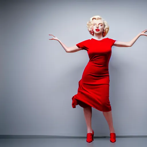 Image similar to Stunning modern studio portrait photograph of the original female model named Marilyn Monroe standing in a white room wearing a red dress, XF IQ4, f/1.4, ISO 200, 1/160s, 8K, RAW, unedited, symmetrical balance, in-frame, sharpened