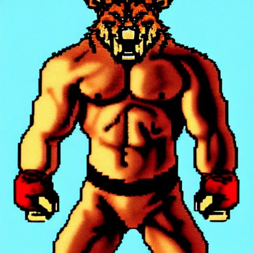 Prompt: full body portrait. 1 6 bit sega graphics. antropomorphic muscular masculine wolf, kickboxer fighter, in shorts, in front of burning street. wolf head. furr on body. at night. 1 9 8 9