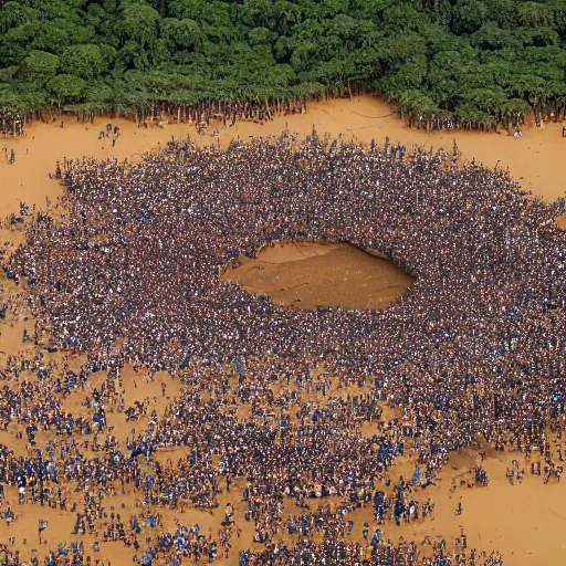 Prompt: aerial hd photograph of a uncontacted crowd of african congo tribe looking into camera, golden pyramid