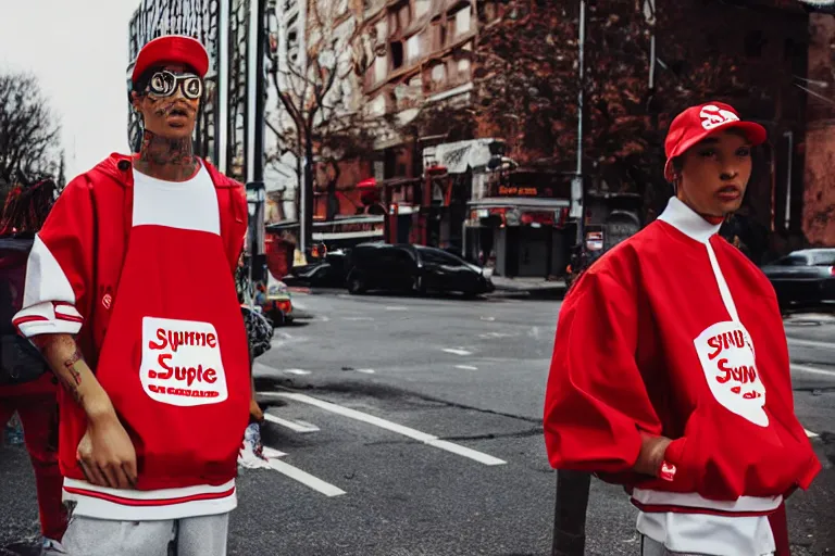 Image similar to hotdog man in a supreme lookbook photo