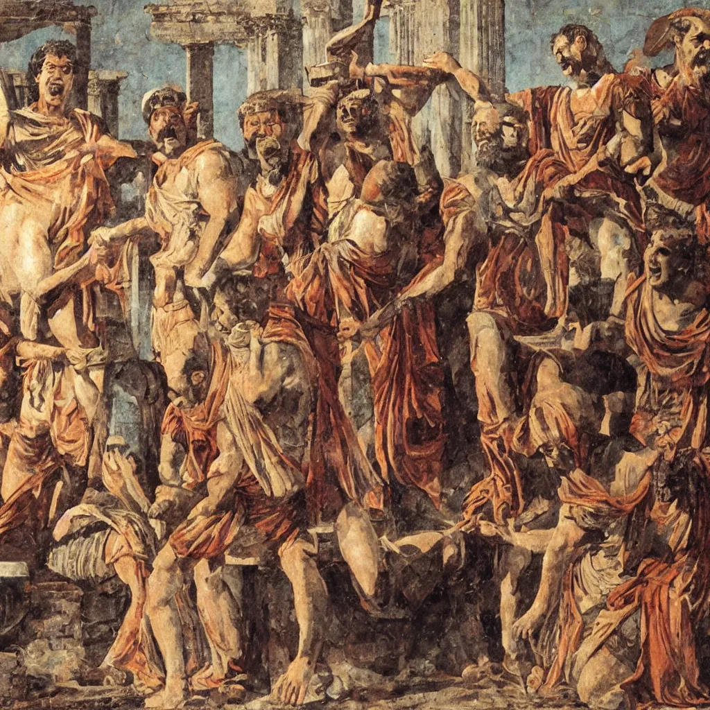 Prompt: ancient romans playing the game show jeopardy in ancient rome