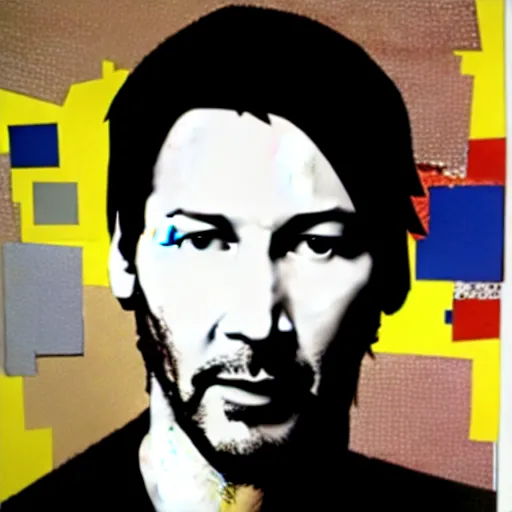 Image similar to portrait of keanu leaves, paper collage, mimmo rotella.