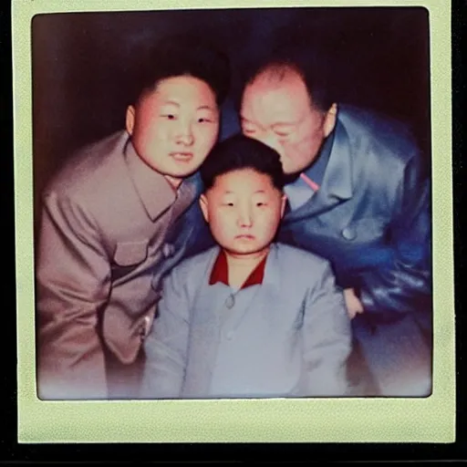 Prompt: kim jong creepy family, driking blood of his son, polaroid