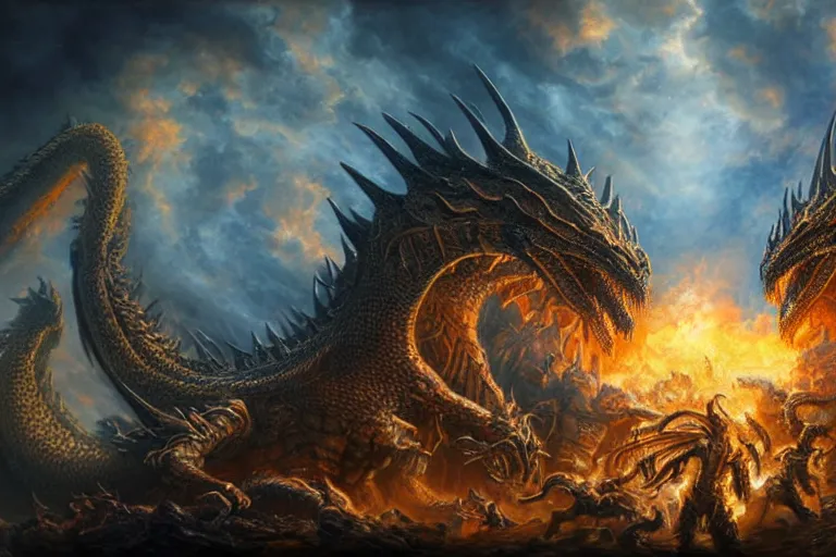 Image similar to ultra realist soft painting of a thousand warriors facing a single gigantic dragon breathing fire, very intricate details, golden ratio, volumetric rainbow lighting, reflections, refractions, symmetry accurate anatomy features, fantasy war scene background, unreal render, Boris Vallejo artstyle