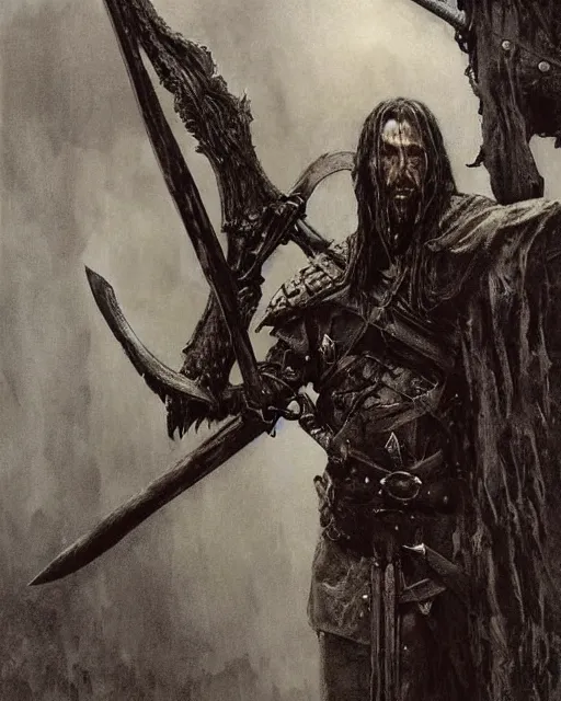 Image similar to realistic HD high detail portrait of !Kristian Elvind Espedal! aka !Gaahl! portrayed as a fearsome High Medieval High Fantasy blackguard. face and body. clad in black steel plate armour. wielding a two-handed battle-axe. in the style of Angus McBride, Jeffrey Catherine Jones, Michael Whelan, and Jeff Easley.