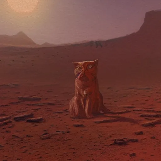 Prompt: painting of an ancient cat statue on mars surface, visible in distance, partially covered in dust, style of greg rutkowski