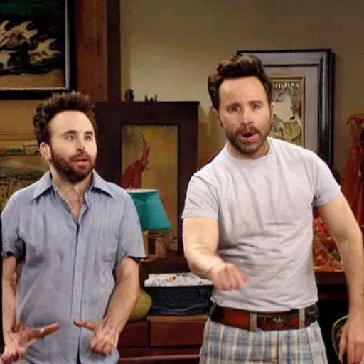 Image similar to Charlie Day and Rob McElhenney using invisible shake weights, norman Rockwell