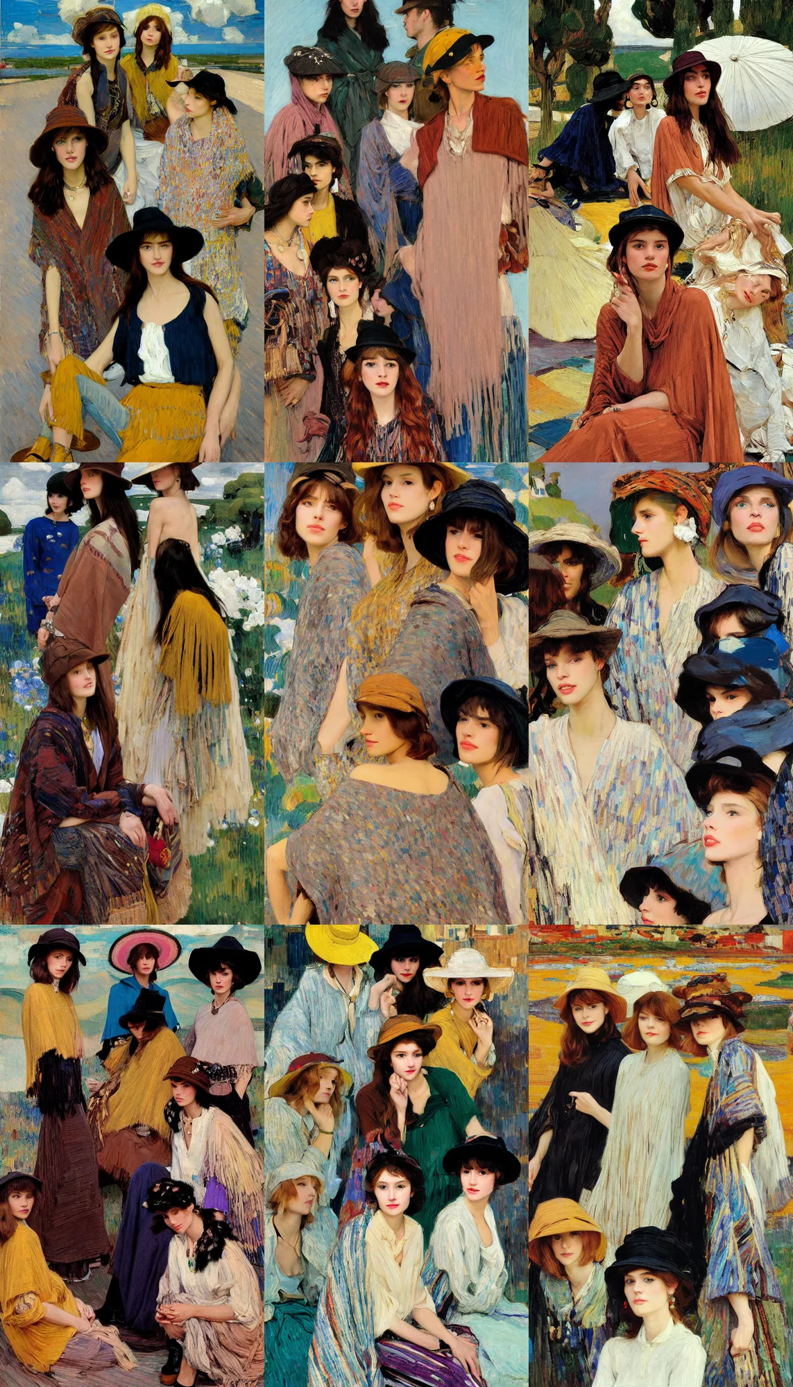 Image similar to portrait of group of fashionable young womans wearing rich jewerly hat and boho poncho, concrete hitech interior, 1970s fashion, sitting dynamic pose, Low poly, thunder clouds in the sky, artwork by Joaquin Sorolla and john william waterhouse and Denis Sarazhin and klimt and rhads and van gogh and Dean Ellis and Detmold Charles Maurice, levitation, industrial rusty pipes, simple form, brutal shapes