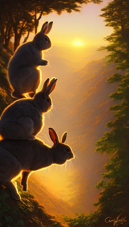 Image similar to hyper realistic rabbit looking off of a cliff, sun setting behind rabbit silhouette, lush forest in valley below, painted by craig mullins, j. c. leyendecker 8 k