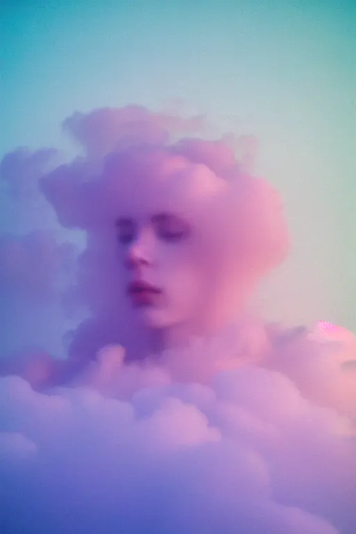 Prompt: high quality pastel coloured film close up wide angle photograph of a model childish expression swimming on cloud furniture in a icelandic black rock!! environment in a partially haze filled dreamstate world. three point light, rainbow. photographic production. art directed. pastel colours. volumetric clouds. pastel gradient overlay. waves glitch artefacts. extreme facial clarity. 8 k. filmic.