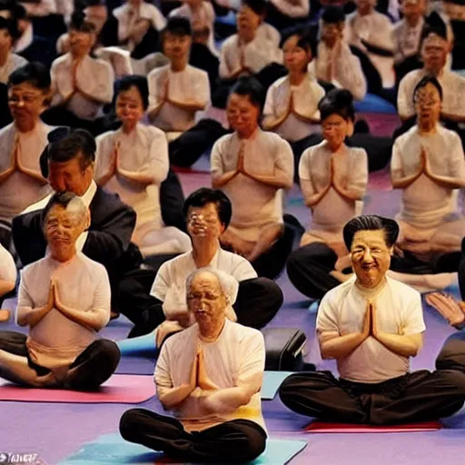 Image similar to Xi Jinping doing yoga on a theatre stage people clapping in front, in the style of Lucian Freud paintings