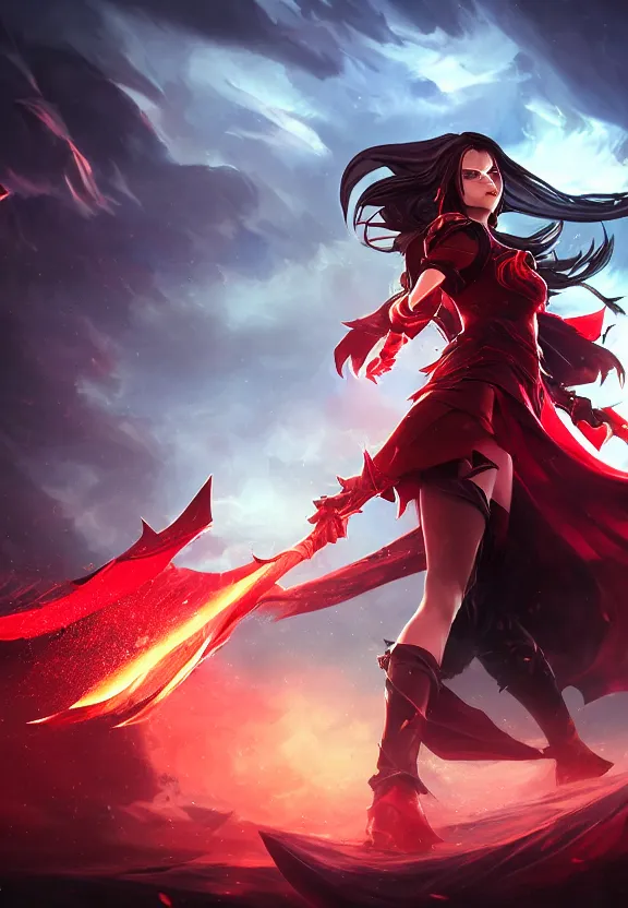 Image similar to a beautiful fierce long black haired woman wearing red dress wielding black sword posing heroically, heavenly moonlit clouds background, close up shot, league of legends style, splash art, highly detailed, vray, artstation, extremely detailed woman, stunning volumetric lighting, hyper realism, fantasy 4k