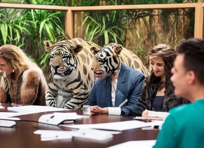 Prompt: photo of a zoo animals on a board meeting. Highly detailed 8k. Intricate. Sony a7r iv 55mm. Stock photo.