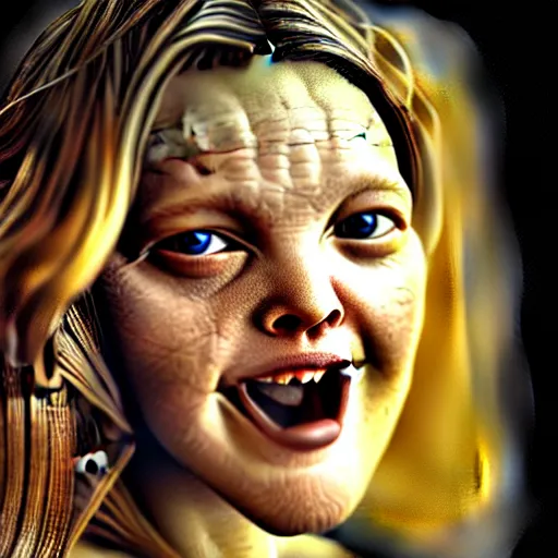 Prompt: drew barrymore face breaking out of smore!!!, bionic scifi by alexandre ferra,