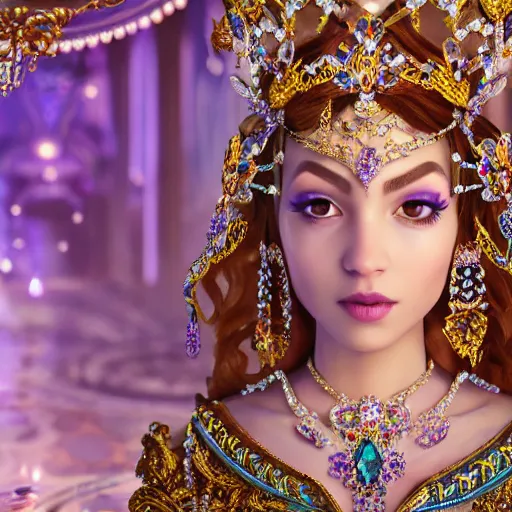 Image similar to portrait of pretty princess with perfect skin, glowing, ornate and intricate sapphire jewelry, jaw dropping beauty, glowing backdrop, white accent lighting, hyper detailed, 4 k octane render