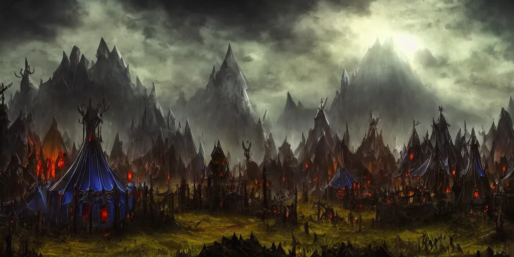 Prompt: a dark fantasy matte painting of dark evil circus tents silhouetted by an evil dramatic sky, tim burton, world of warcraft, league of legends