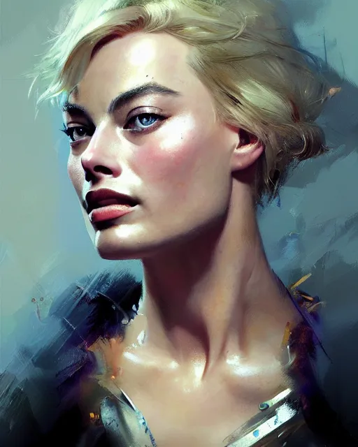 Image similar to Full view realistic portrait of actress margot robbie, masterpiece by Craig Mullins Artgerm in the style of Ruan Jia, wlop, Ross Tran, detailed and realistic, soft lighting, intricate details, realistic, full view, Artstation, CGsociety