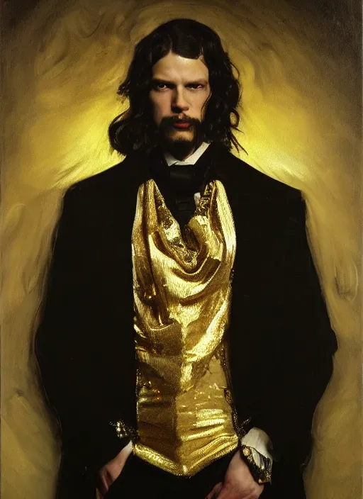 Image similar to highly detailed oil painting | very intricate | cinematic lighting | black, white and gold color scheme, dark background | a man dressed by alexander mcqueen | by roberto ferri, by gustav moreau, by singer sargent and klimt, american romanticism, occult art | by austin osman spare, artstation, cgsociety, official art, octane