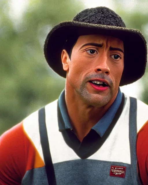 Image similar to Film still close-up shot of dwayne johnson as happy gilmore from the movie happy gilmore. Photographic, photography