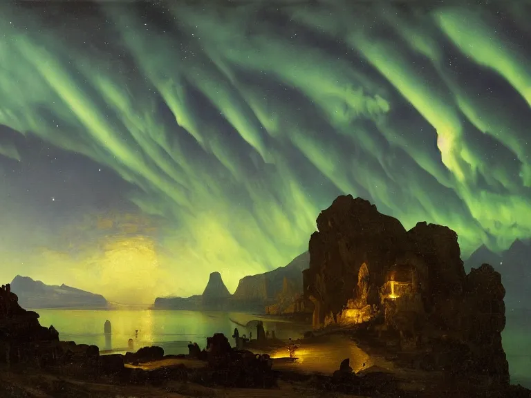 Image similar to an oil painting of a coastline on an alien planet with a mountain range at dusk with aurora lighting up the sky by carl spitzweg and tuomas korpi. baroque elements, full-length view. baroque element. intricate artwork by caravaggio. Trending on artstation. 8k