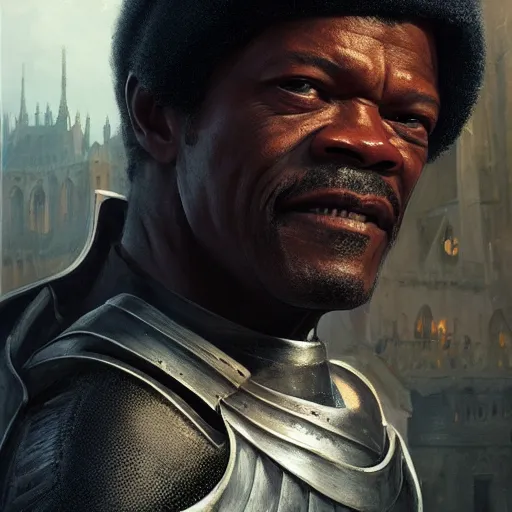 Prompt: closeup portrait of a young samuel jackson as a medieval knight, city background, dramatic light, gorgeous view, depth, high detail, digital art, painted by greg rutkowski, trending on artstation