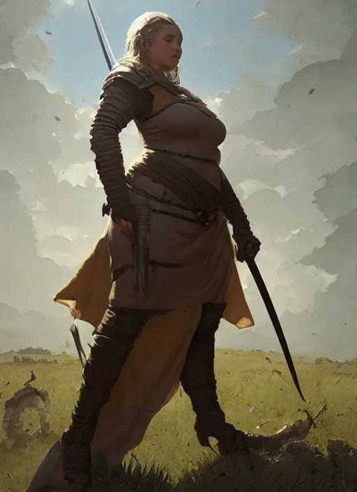 Image similar to hyper realistic photo of medieval chubby beautiful hunter girl, full body, rule of thirds, conceptart, cinematic, greg rutkowski, brom, james gurney, mignola, craig mullins